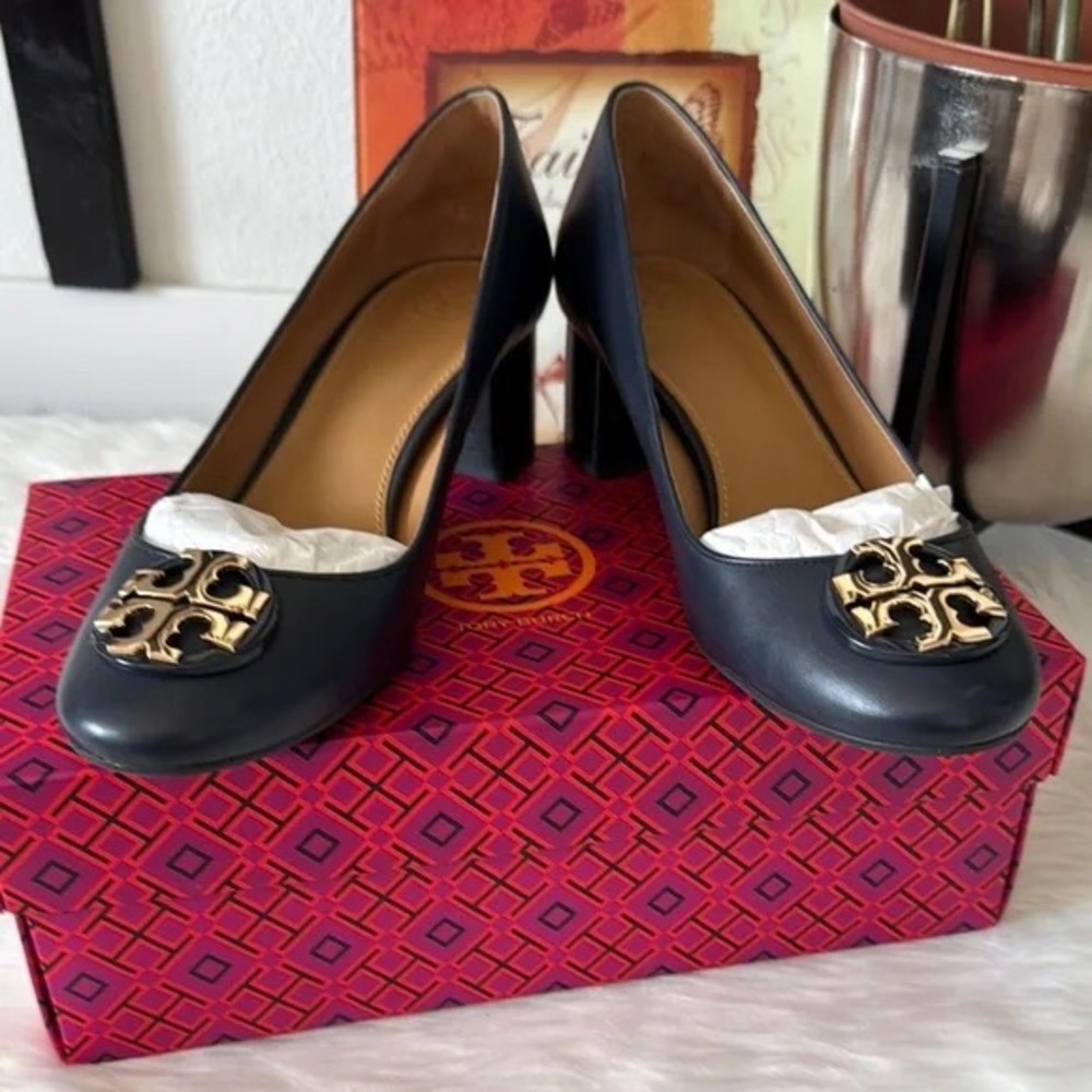 Tory Burch Dark Blue Heels with Gold Accent